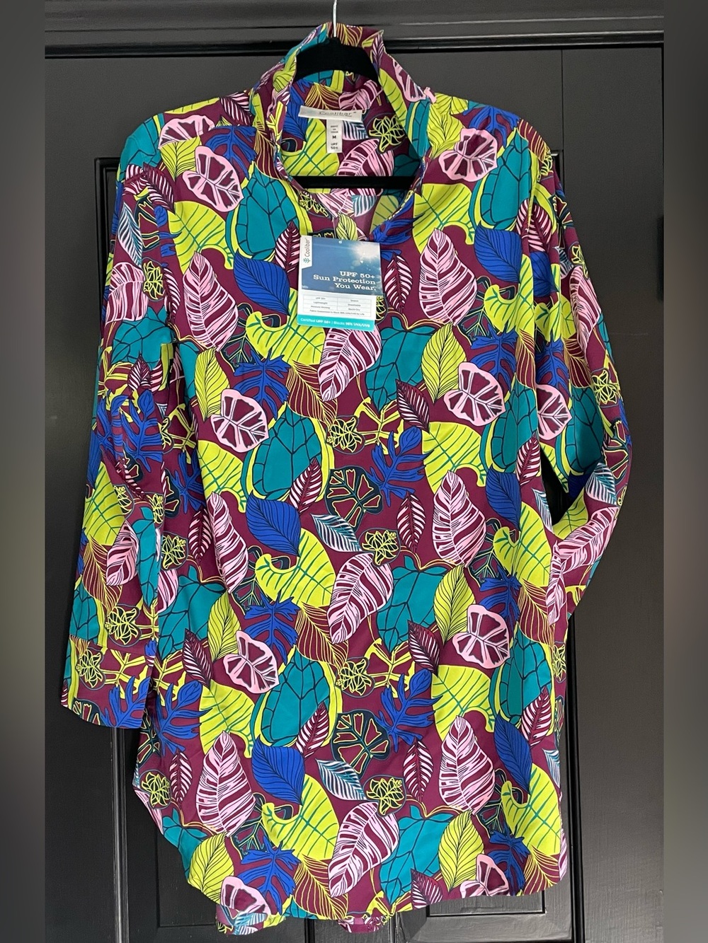Coolibar Women's Leaf-Print v-neck Long Shirt in Teal, Lime, Purple NWT